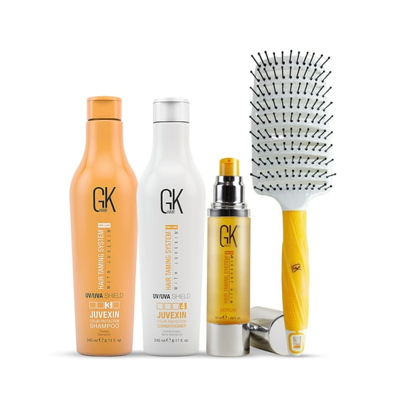 Global Keratin GKhair Shield Shampoo and Conditioner Duo (240ml/ 8.11 fl. oz) | Organic Argan Oil Hair Serum 50ml For Frizz Control Dry Damage Hair Repair I Vent Brush (2.5 Inch) Rubber Handle