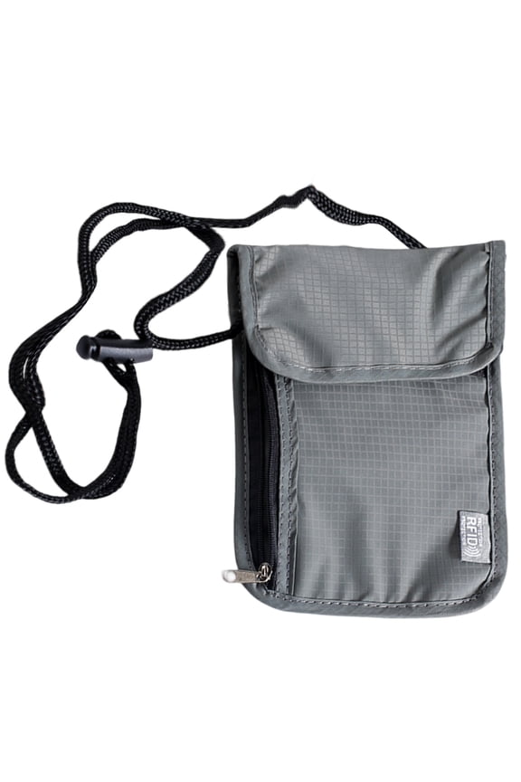 Global Nomad: Lightweight RFID Neck Wallet with Global Lost & Found Tags, Adjustable and Water-Resistant, Grey (Ripstop Nylon)