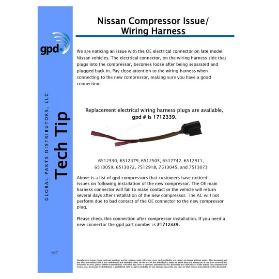 Global Parts Distributors A/C Compressor Wiring Harness Fits select: 2007-2018 NISSAN ALTIMA, 2014-2019 NISSAN ROGUE