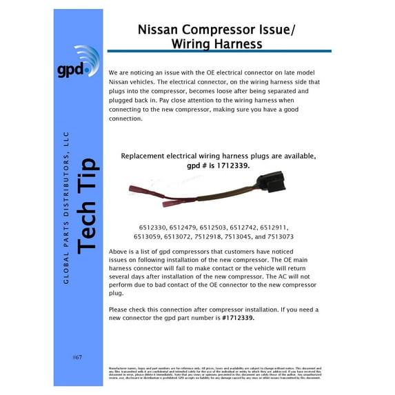 Global Parts Distributors A/C Compressor Wiring Harness Fits select: 2007-2018 NISSAN ALTIMA, 2014-2019 NISSAN ROGUE