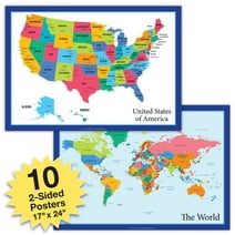 Global Printed Products 10 Extra Large USA Map and World Map Posters for Classroom, Office Decorations and Home 24x17 inch Double Sided (Pack of 10) - GPP-0051