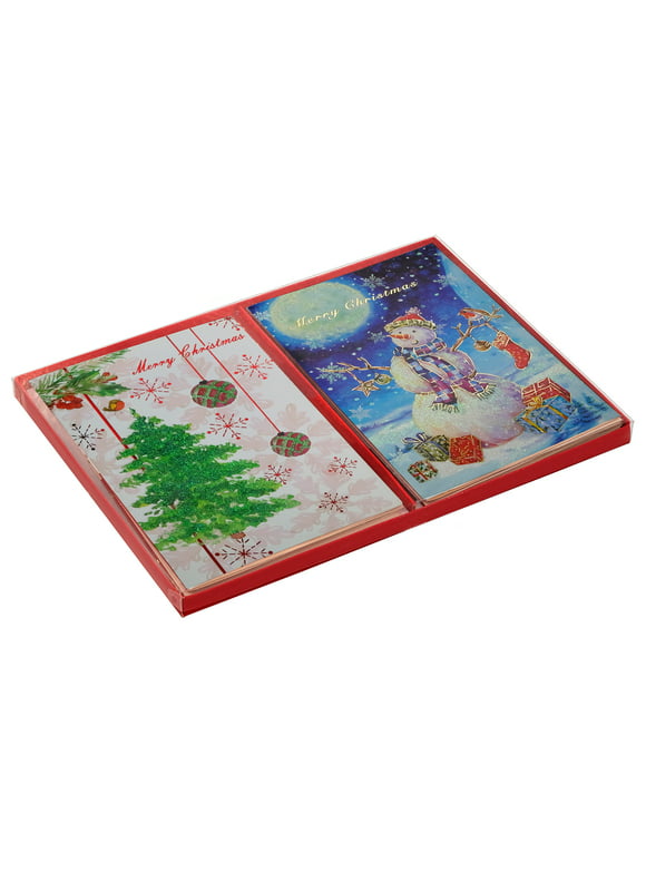 Global Printed Products 10 Foil and Glitter Holiday Cards with White Envelopes - Featuring Snowman and Christmas Tree Designs - GPP-0086-A