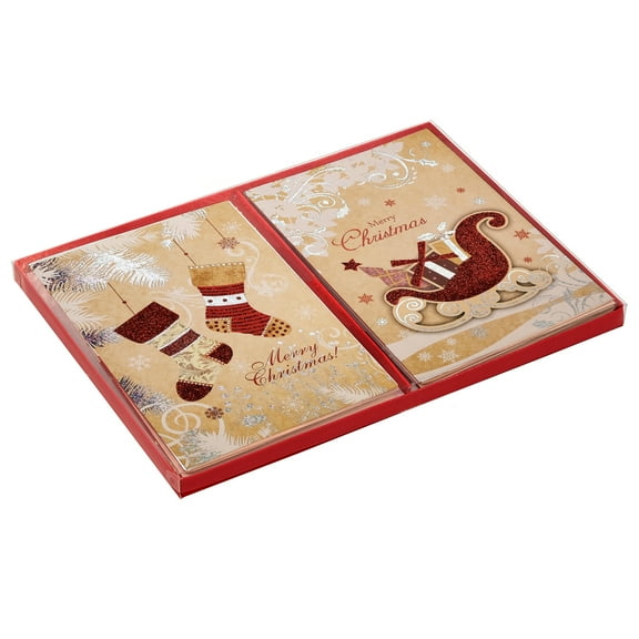 Global Printed Products 10 Foil and Glitter Holiday Cards with White Envelopes - Featuring Stocking and Sleigh Designs - GPP-0086-F