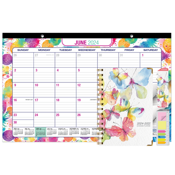 Global Printed Products Academic Planner 2024-2025 and 11" x 17" Desk Calendar Bundle, Desk Calendar 2024 Planner, Hardcover Fashion Planner, Watercolor Butterflies