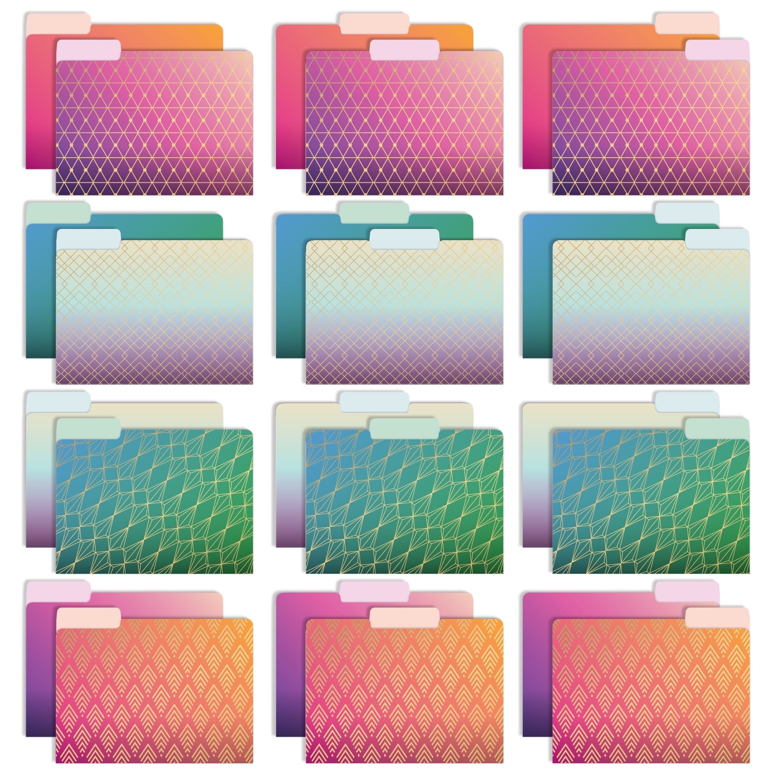 Global Printed Products Deluxe Designer Printed File Folders, 1/3 Cut Tab, Assorted Positions, Letter Size, 24/pk (Geometric Foil)