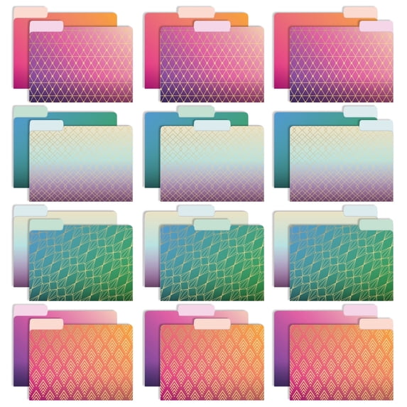 Global Printed Products Deluxe Designer Printed File Folders, 1/3 Cut Tab, Assorted Positions, Letter Size, 24/pk (Geometric Foil)