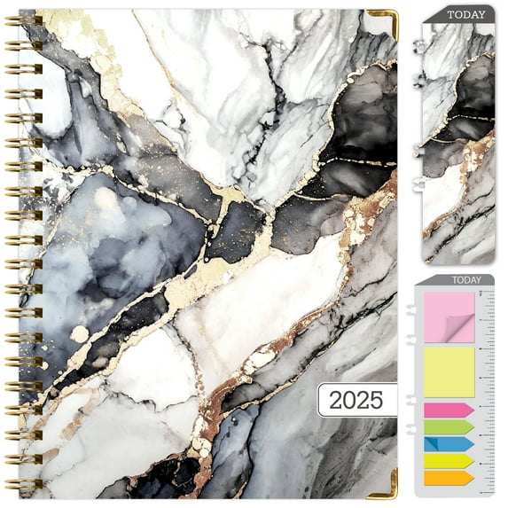 Global Printed Products Hardcover 2025 Daily, Monthly & Weekly Planner 8.5"x11", Black Gold Marble