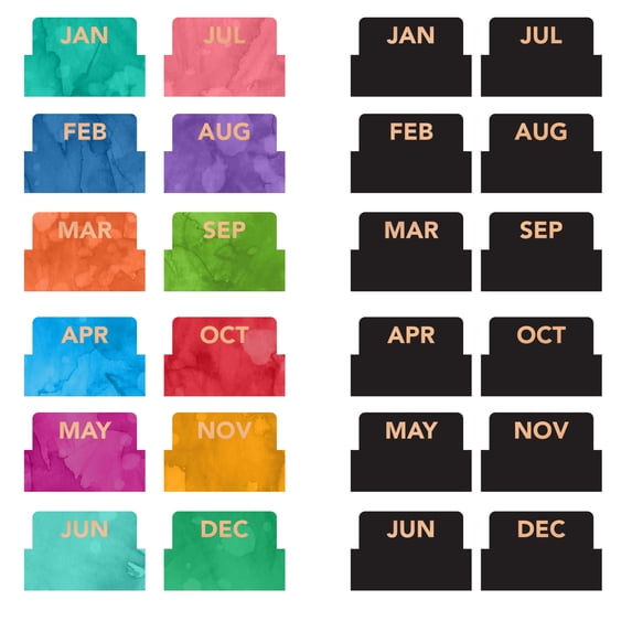 Global Printed Products Monthly Adhesive Tabs Includes 12 Black and 12 Colorful (Set of 24) - GPP-0077