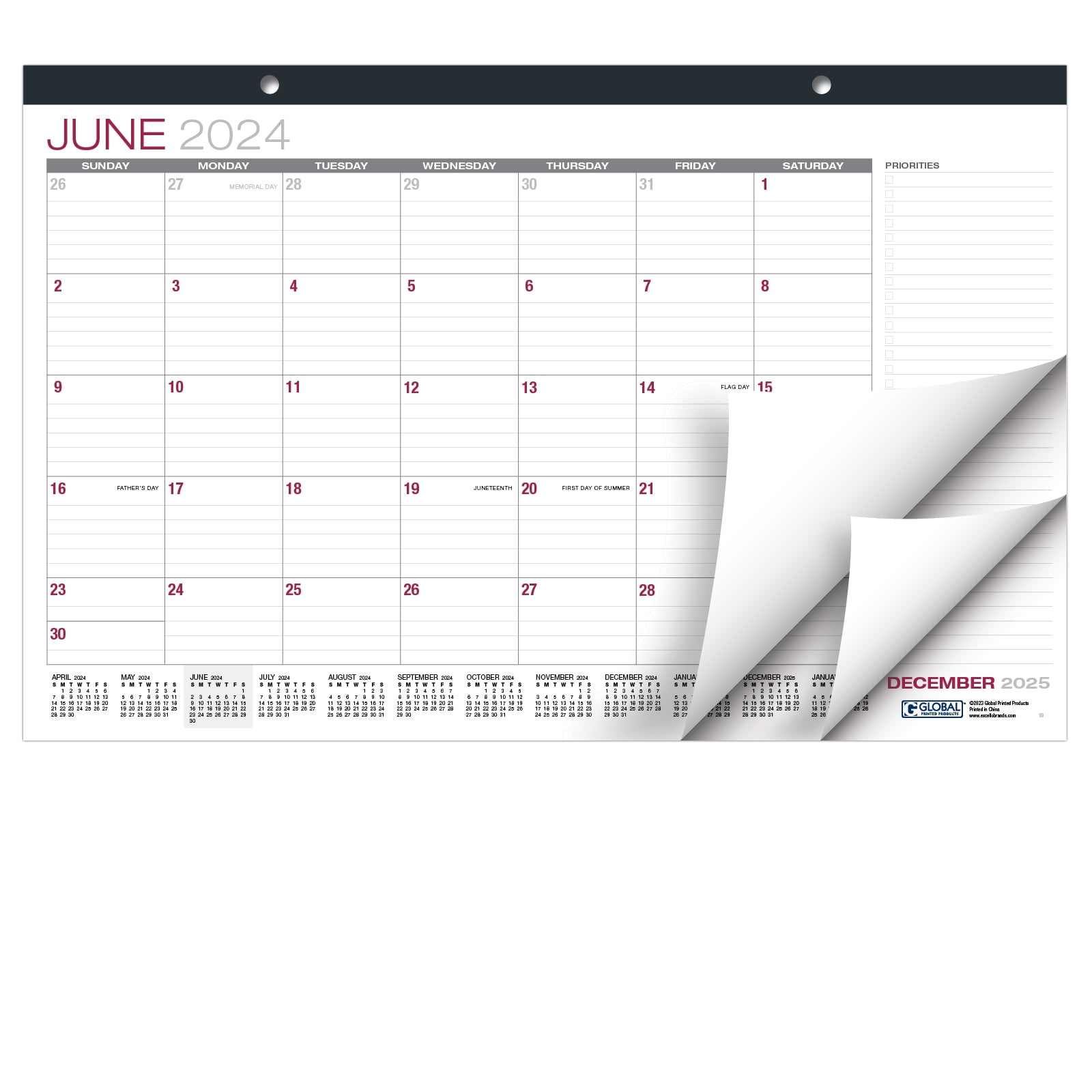 Global Printed Products Professional Desk Calendar 2025, 19 Monthly
