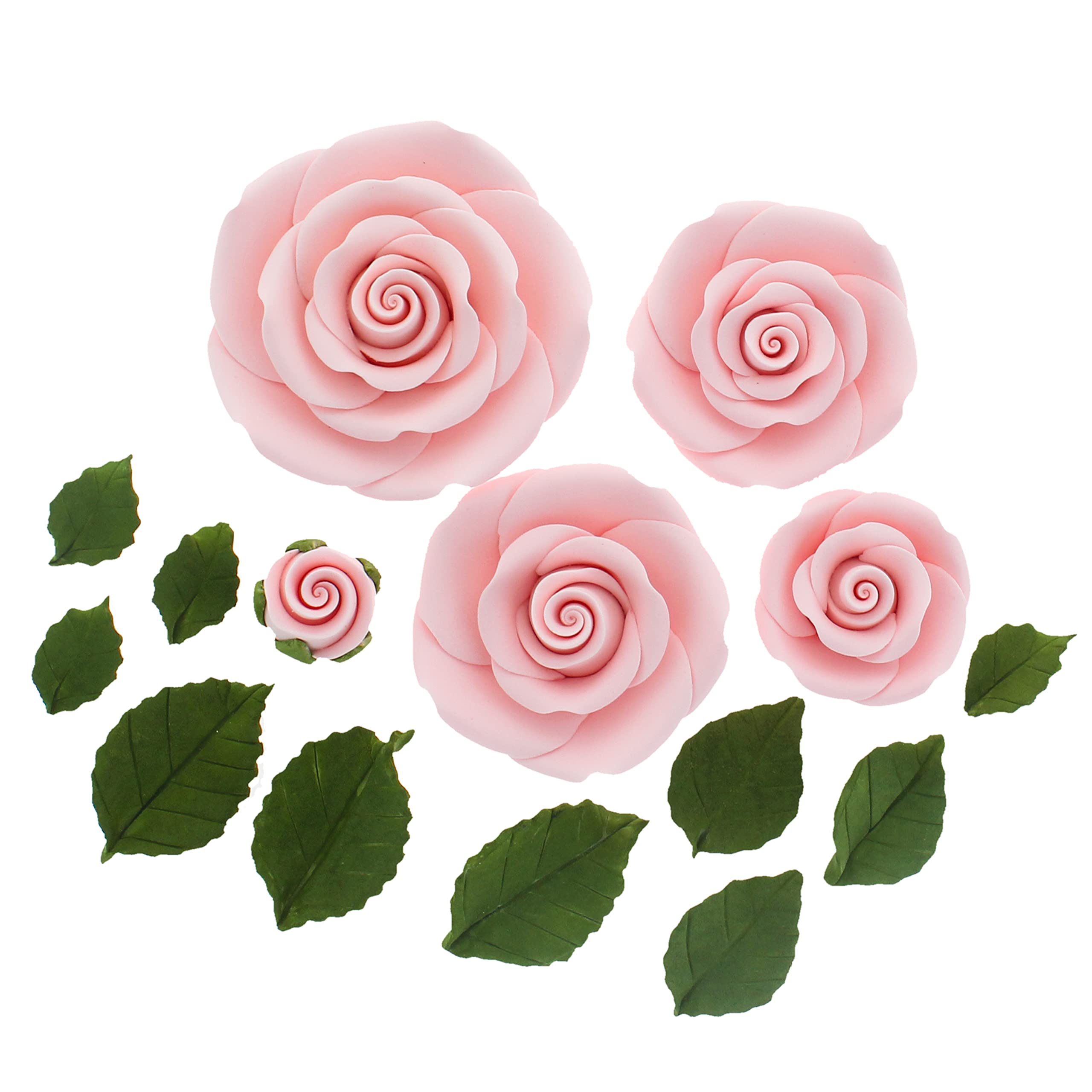 Global Sugar Art Exquisite Rose & Leaf Tray - Pink Unwired Gumpaste Sugar Flowers For Cake Decorating, 5 Count