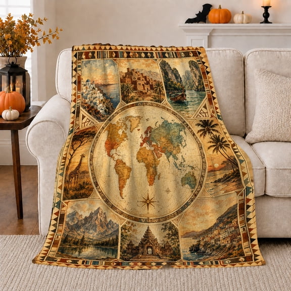 Global Travel Map World Scene Vintage Illustration, Cozy Coastal Landscape Scene, Warm Flannel Blanket for Beach House and Living Room, Beach Lovers Housewarming Gift, Coastal Home Decor