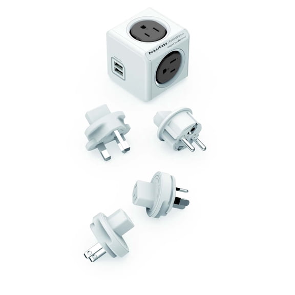 Global Travel Outlet Extender Allocacoc PowerCube Rewirable USB, 4 AC sockets 2 USBs, 4 Interchangeable Plugs (US/UK/EU/AU) Works in 100+ Countries Convertible for Home or Travel Grey