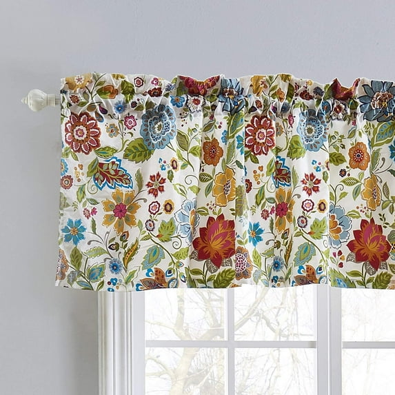 Global Trends Amanda Contemporary Floral Print Window Rod Pocket Lined Valance, White, 84 W x 19 L inches