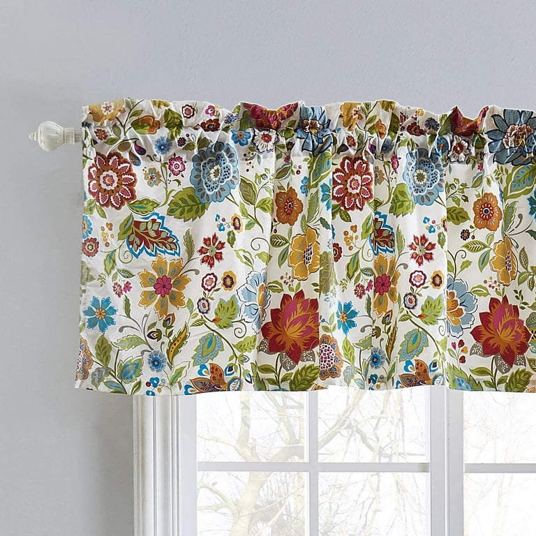 Global Trends Amanda Contemporary Floral Print Window Rod Pocket Lined  Valance, White, 84 W x 19 L inches