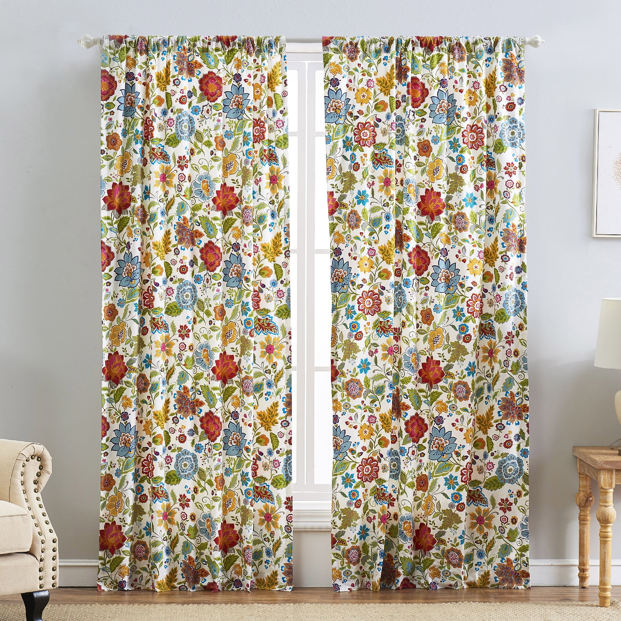 Global Trends Amanda Floral Curtain Panel, Set of 2, 95-inch L, White