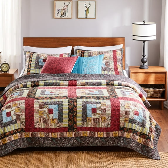 Global Trends Caribou Creek Lodge Authentic Patchwork 100% Cotton Reversible Quilt Set, 5-Piece Full/Queen