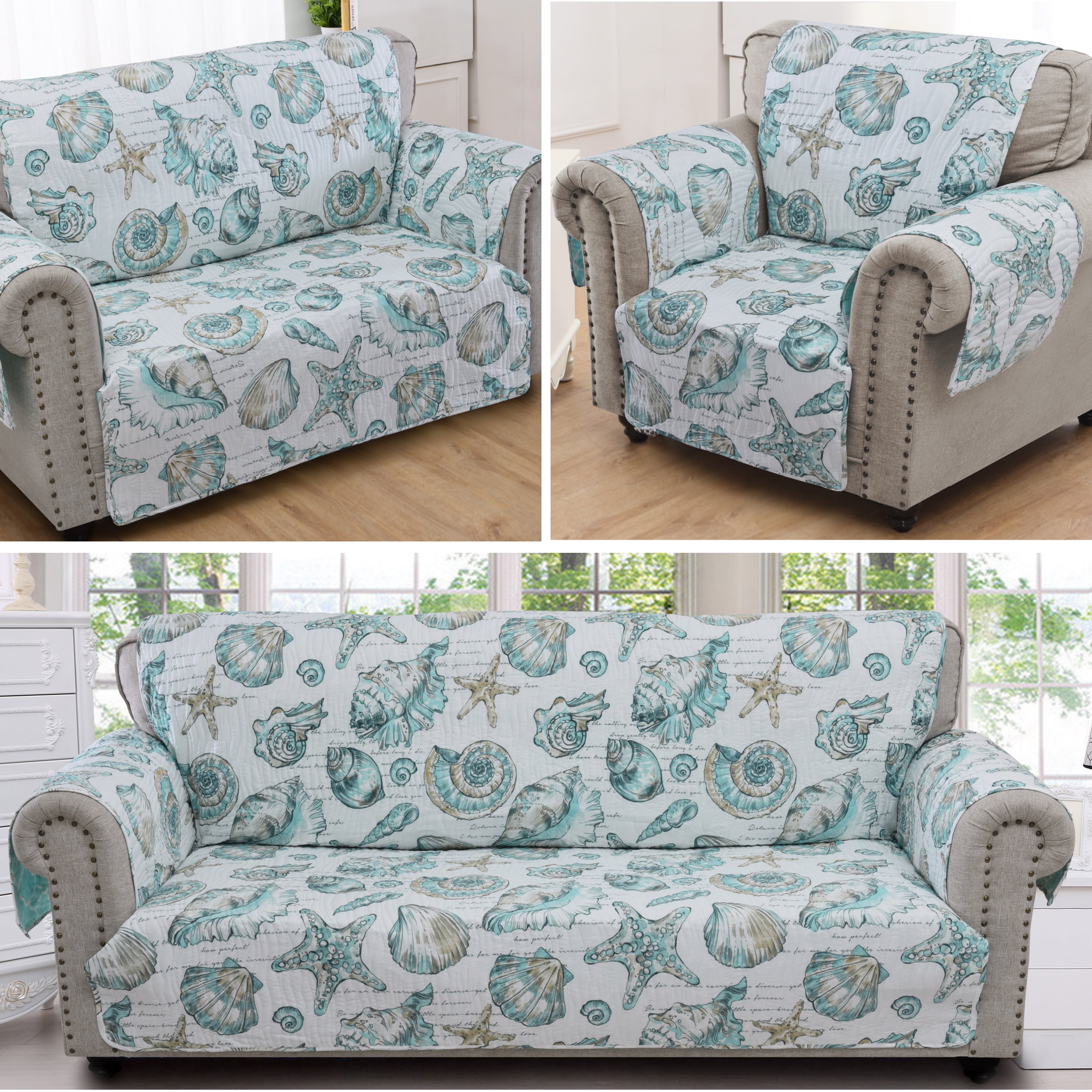 Global Trends Coastal Seashell Quilted Reversible Furniture Cover Protector