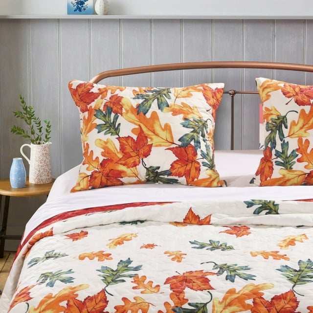 Standard Cream Cotton and Polyester Quilted Sham with Autumn Leaves