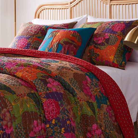 Global Trends Josie 100% Cotton Kantha Stitched Quilt Set, 5-Piece Full/Queen