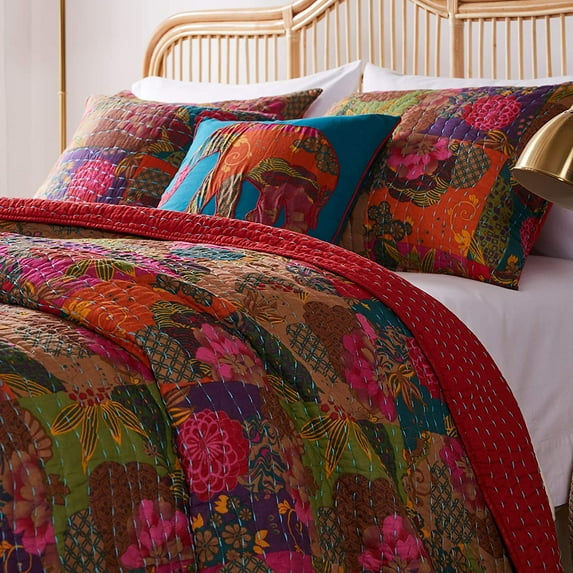 Global Trends Josie 100% Cotton Kantha Stitched Quilt Set, 5-Piece King/Cal King