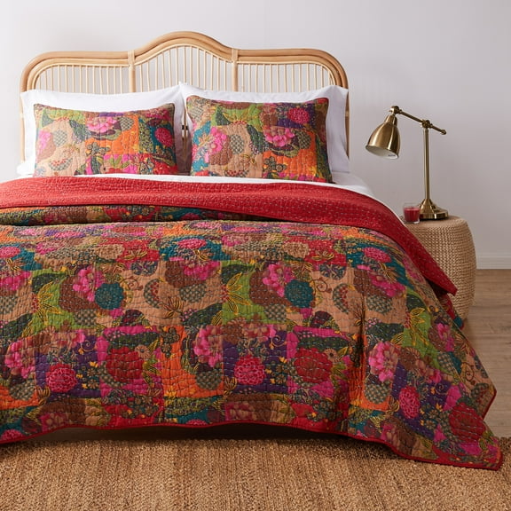 Greenland Home Fashions Jewel Kantha-Stitched Boho Red 100% Cotton Quilt Set, 3-Piece King