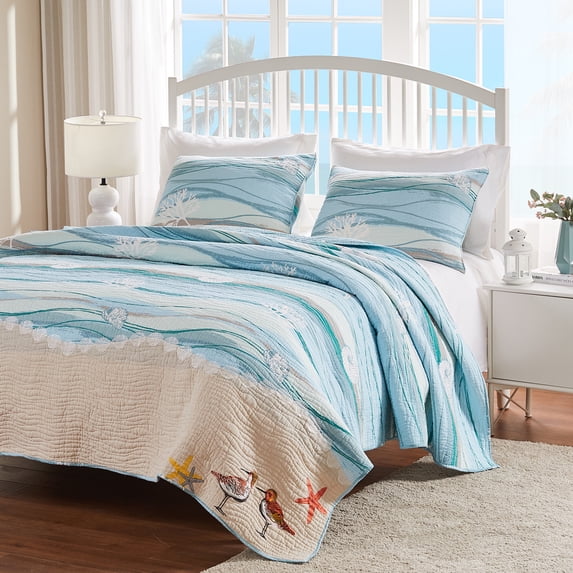 Global Trends Morro Bay Coastal Cotton Quilt Set with Shorebird Embroideries, 3-Piece Full/Queen