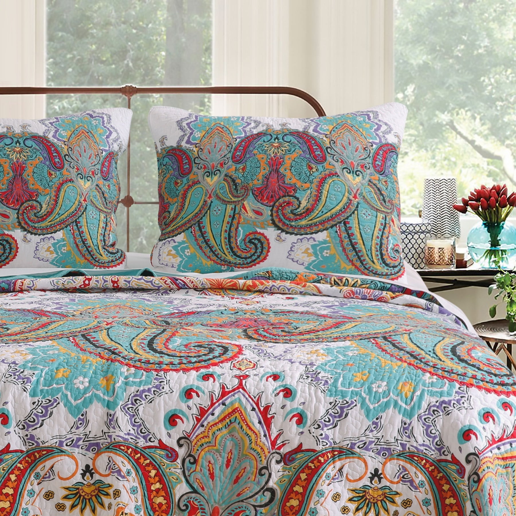 Teal and Multicolor Paisley Cotton Quilted Pillow Sham