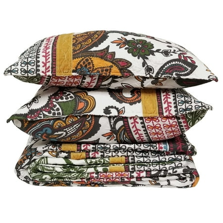 Global Trends Olivia Velvet-Embellished Cotton Quilt Set Featuring Boho Paisleys, 3-Piece Full/Queen
