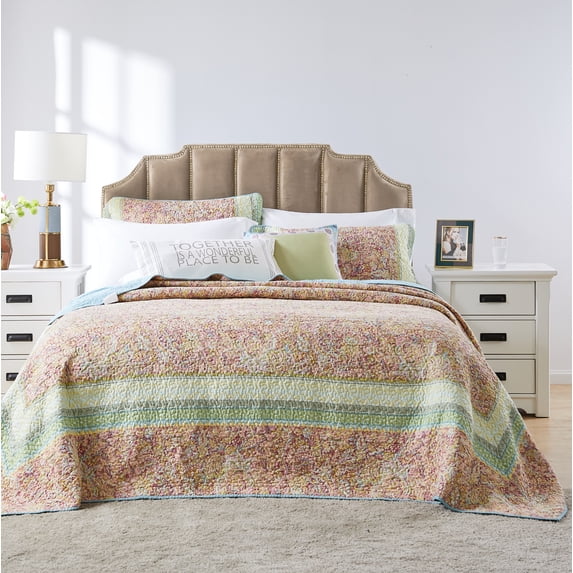 Global Trends Portsmouth Bordered Reversible Bedspread and Pillow Sham Set, 3-Piece Queen