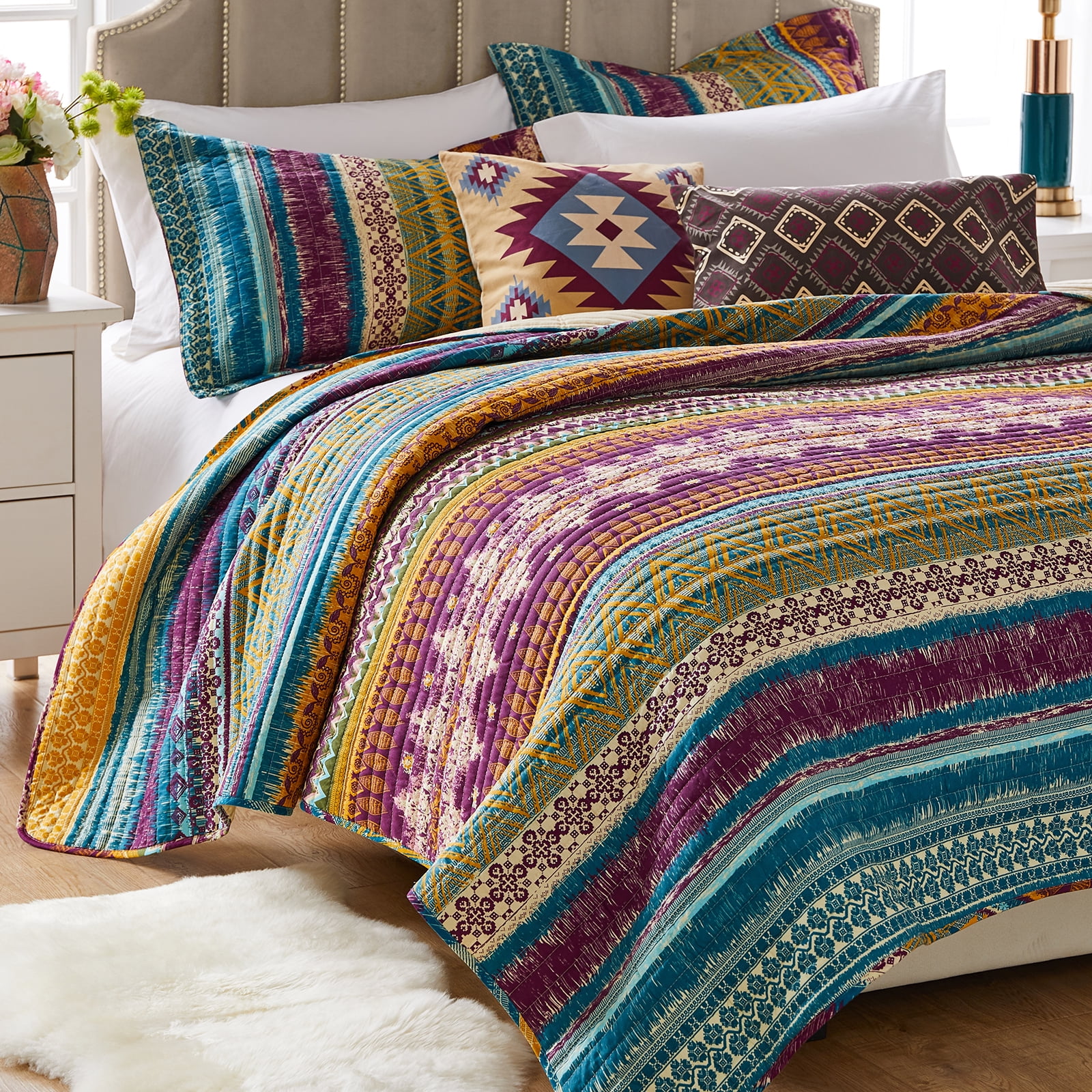 Blue Full Cotton Reversible Quilt Set