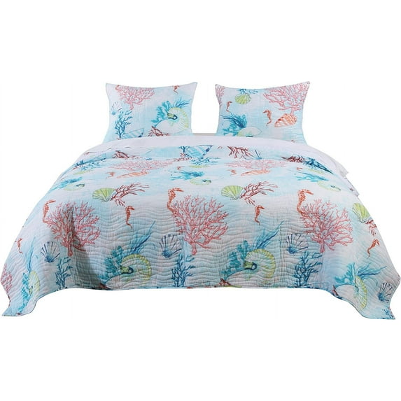 Global Trends Seaside Coastal Coral Garden Reversible Quilt Set, 2-Piece Twin/Twin XL