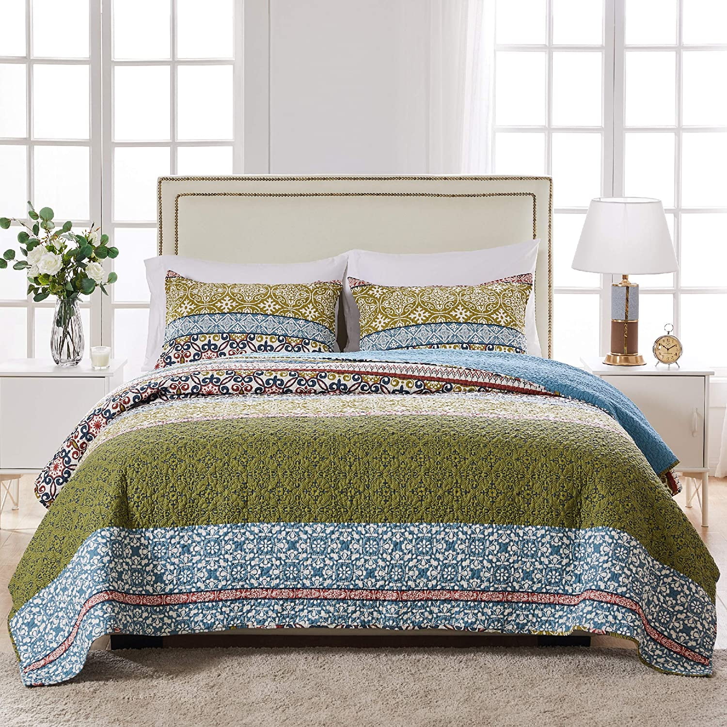 Global Trends Shelby Bohemian 100% Cotton Reversible Oversized Quilt Set, 3-Piece Full/Queen