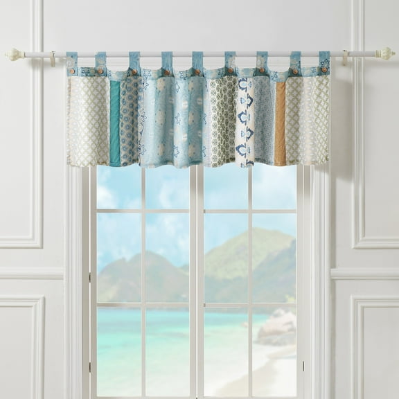 Global Trends Tori Patchwork Button-Embellished Tab Top Window Valance, 84" Wide x 21" Long, Blue