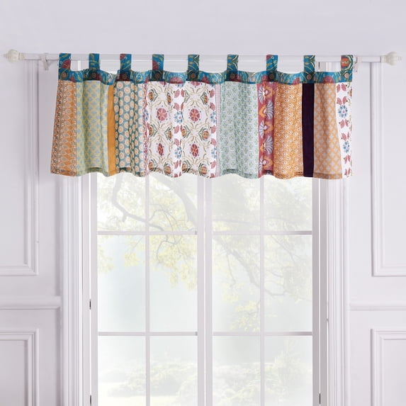 Global Trends Tori Patchwork Button-Embellished Tab Top Window Valance, 84" Wide x 21" Long, Tango