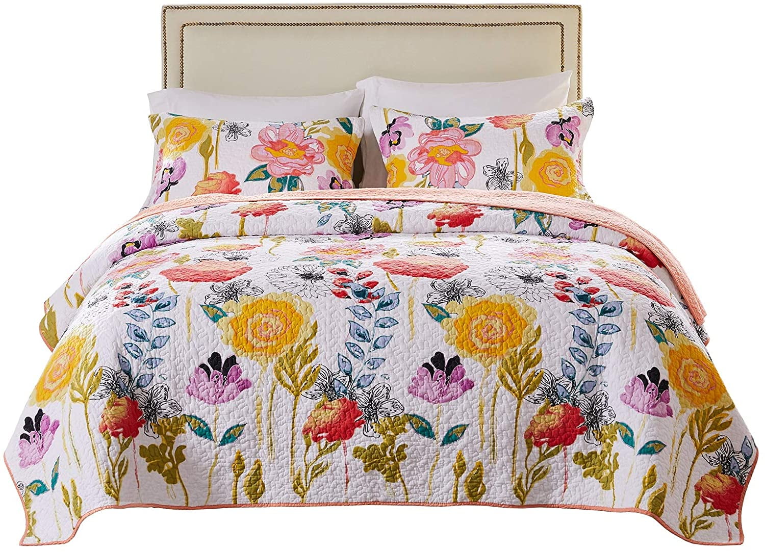 Global Trends Wildflower Dream Modern Floral 100% Cotton Reversible Quilt Set, White, 2-Piece Twin/XL