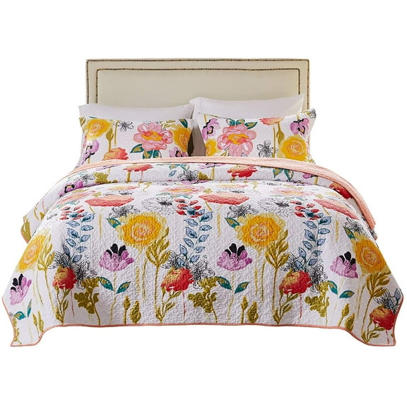Global Trends Wildflower Dream Modern Floral 100% Cotton Reversible Quilt Set, White, 2-Piece Twin/XL