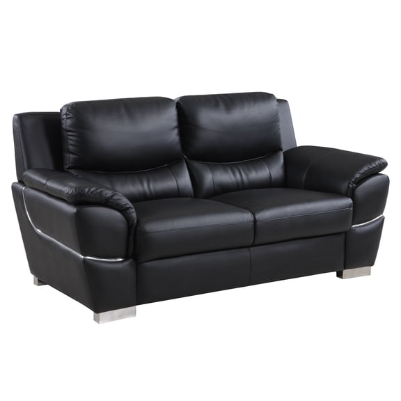 Global United Leather Loveseat - Oversized 3-Layer Foam Cushions, Solid Wood Frame, Stainless Steel Legs - Black