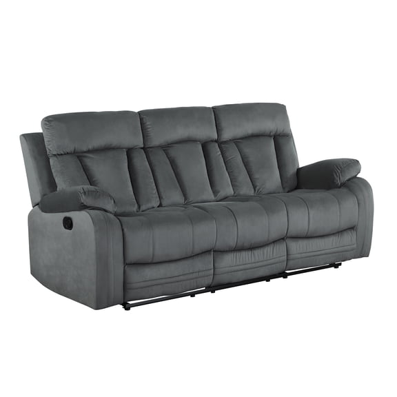 Global United Transitional Gray Microfiber Fabric Reclining Sofa - Kiln-Dried Hardwood Frame, Sinuous Springs, Lumbar Support, Stainless Steel Base - 83" L