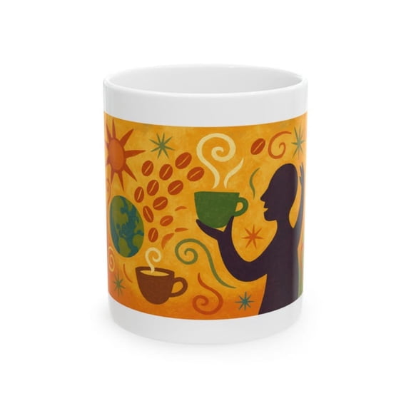 Global Village Coffeehouse, Whimsil Coffee Mug, Artistic Gift Coffee Lovers, Tea Time, Cozy Home Dr, Colorful Ceramic Art Mug.