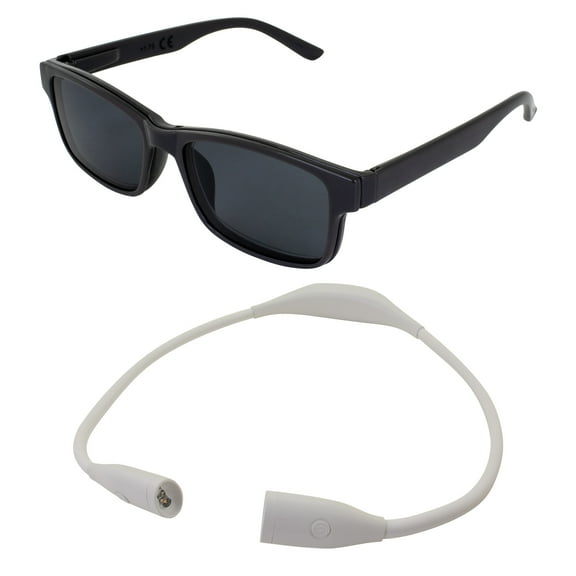 Global Vision +1.5 Gray frame Clear lens glasses w/ clip-on shades & MotoProducts LED neck lightbendable, 3 modes, rechargeable for night reading