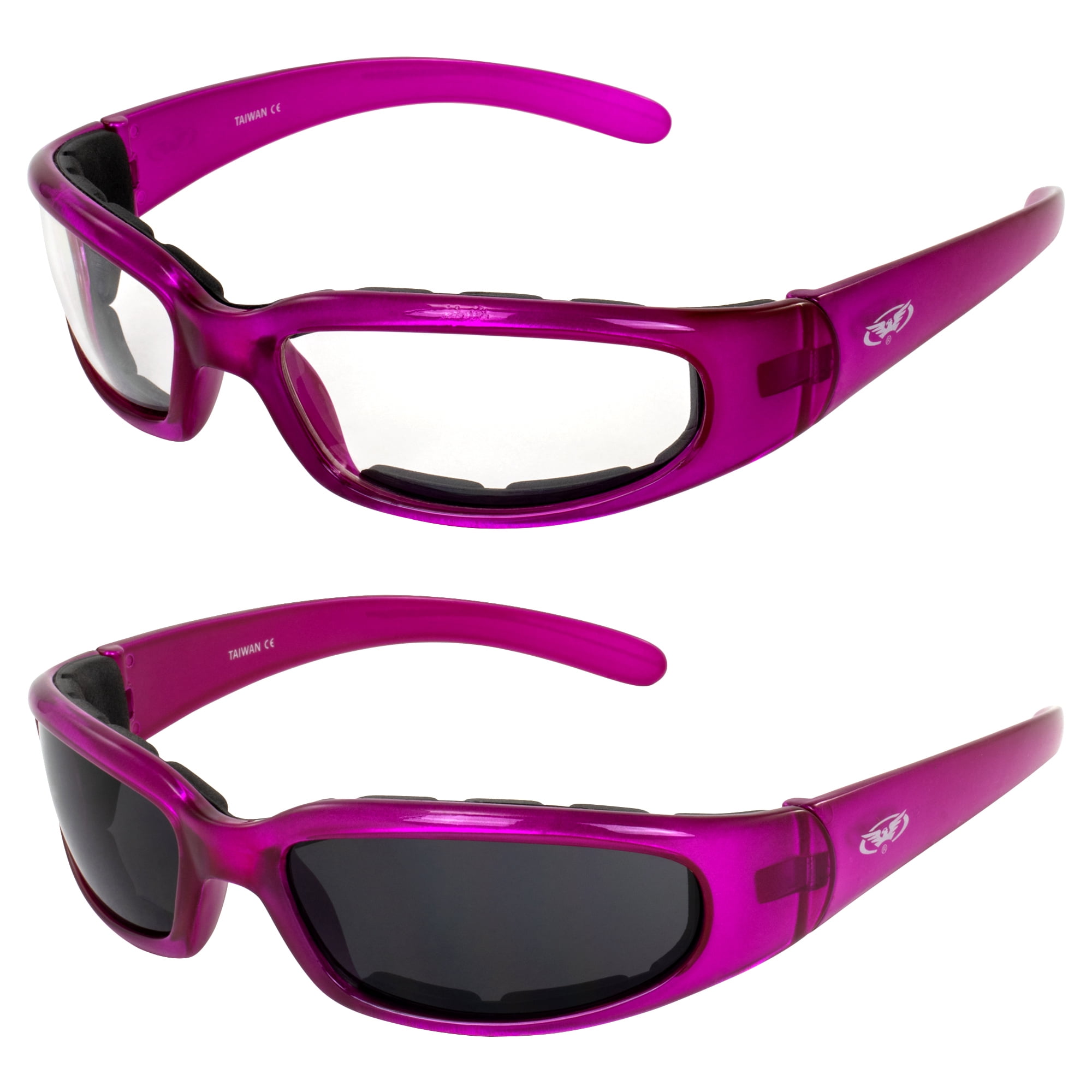 Global Vision 2 Pairs Chicago Padded Motorcycle Sunglasses for Women Scratch Resistant Pink Frame w Clear Super Dark Lenses