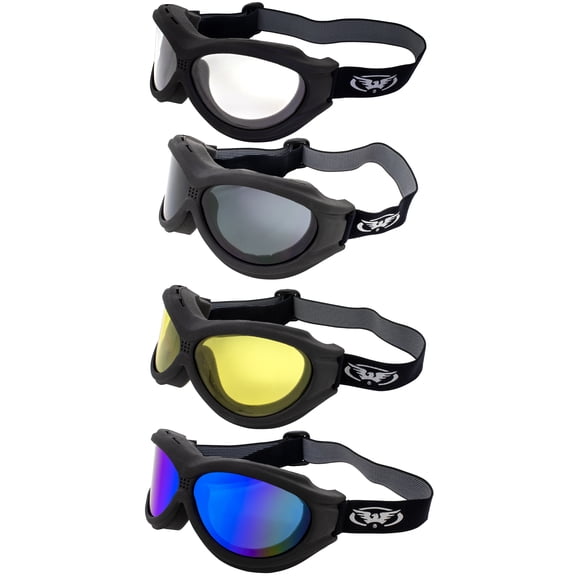 Global Vision Big Ben Padded Motorcycle Safety Goggles Fitover Black Frame w/ Clear Smoke Yellow & Blue Mirror Lenses