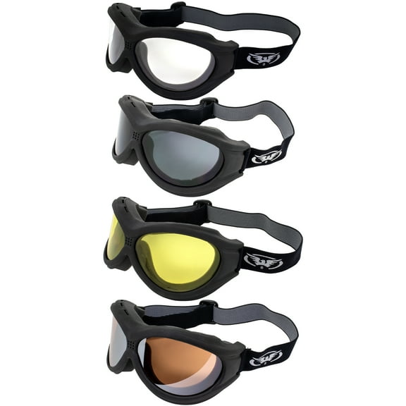 Global Vision Big Ben Padded Motorcycle Safety Goggles Fitover Black Frame w/ Clear Smoke Yellow & Driving Mirror Lenses
