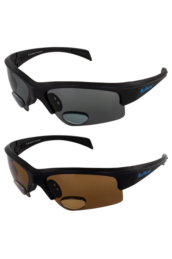 BluWater Bifocal 2 Polarized Sunglasses Scratch-Resistant Black Frame w/ Smoke & Amber Lenses +2.5 Magnification