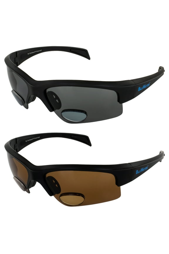 BluWater Bifocal 2 Polarized Sunglasses Scratch-Resistant Black Frame w/ Smoke & Amber Lenses +3.0 Magnification
