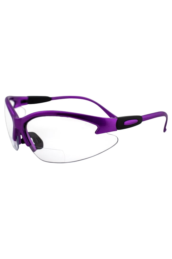 Contender Safety Glasses for Nurses Dental Assistant Glasses Shooting Sunglasses for Women Ladies Men Purple Frame w/Clear Bifocal Lens 2.5+ Magnification