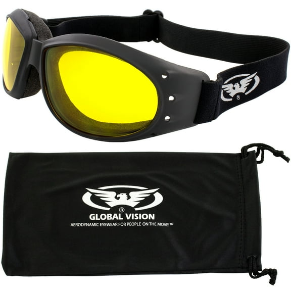 Global Vision Eliminator DX Padded Motorcycle Riding Goggles Shatterproof Polycarbonate Lens UV400 Scratch-Resistant Double-Sided Anti fog Black Frames Yellow Tint Lenses