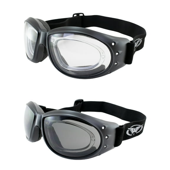 Global Vision Eliminator RX Padded Motorcycle Riding Goggles ANSI 2 pack Black Frame w/Antifog Clear Lens & Smoke Lens