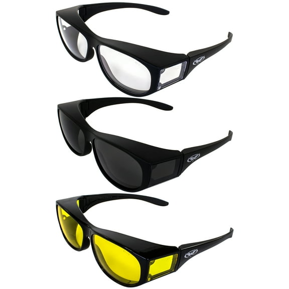 Global Vision Escort Safety Fit Over Glasses, Black Frame (3 Pack - 1 Clear Lens, 1 Smoke Lens, 1 Yellow Lens)