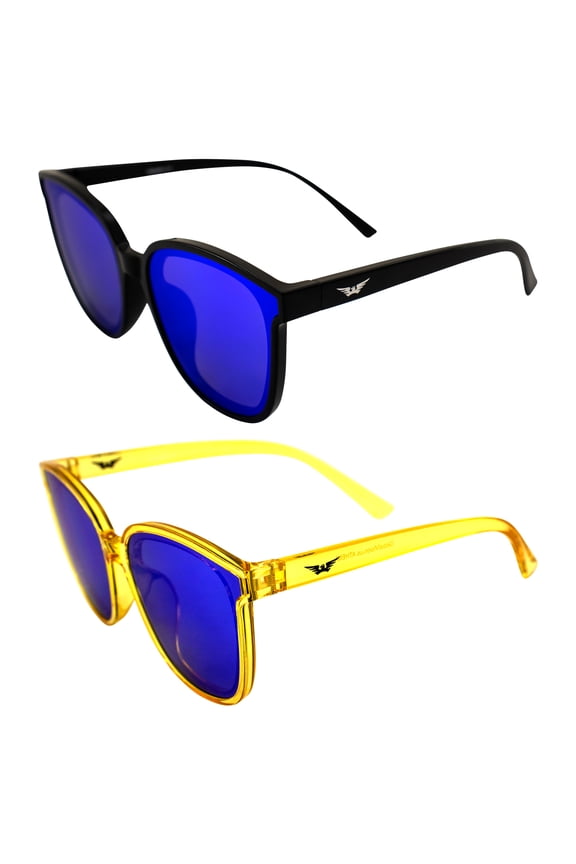 Eyewear Athena Fashion Sunglasses for Women 2 Pairs Black Frame w/Blue Mirror Lens & Crystal Yellow Frame w/Blue Mirror Lens